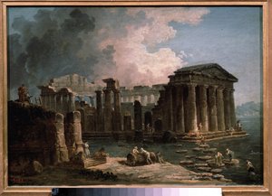 水に囲まれた寺院。 ヒューバート ロベール (1733-1808) の絵画、キャンバスに油彩、1780 年頃、フランスの芸術。 州立 A. プーシキン美術館、モスクワ。 作： Hubert Robert