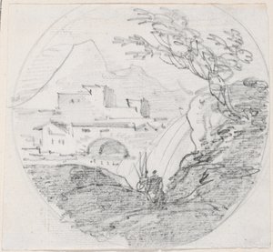 尾根から集落と遠くの山への眺め 作： Hubert Robert
