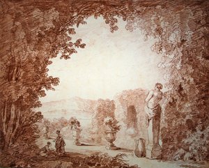 彫像のある庭の風景（紙に赤チョーク） 作： Hubert Robert