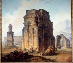 凱旋門とオランジュの劇場の眺め ユベール・ロベール（1733-1808）の絵 18世紀 日2,42x2,42 m 作： Hubert Robert