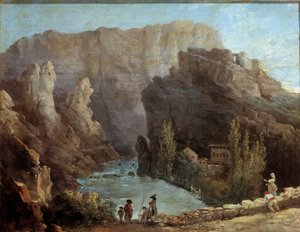 ヴォークリューズの泉の眺め ユベール・ロベール（1733-1805）の絵画 18世紀 アヴィニョン、カルヴェ美術館。 作： Hubert Robert