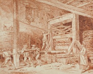 ワインプレス、c.1759（バフ敷き紙に赤いチョーク、クリーム敷きカードに敷き詰められた） 作： Hubert Robert