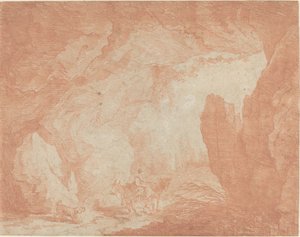 自然の橋の下でロバに乗っている若い女性 作： Hubert Robert