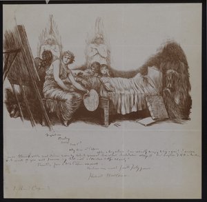 子供と寓話的な人物、イーゼルのアーティストを含む死のベッドのシーン 作： Hubert von Herkomer
