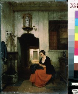 ""La brodeuse"" (刺しゅう師) ベルギーのインテリアで裁縫の仕事をしている若い女性。 Hubertus van Hove（1814-1865）による絵画1860 Mikhail Kroshitsky Art Museum、Sevastopol（Sevastopol）ウクライナ 作： Hubertus van Hove