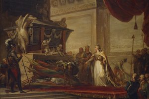 1791 年、ピョートル大帝の墓にチェスマの戦いの戦利品を置いているキャサリン 2 世 作： Hüne