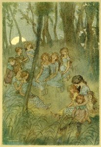 夜の牧草地の妖精たち、パブのウィンザーメリーワイブスから歌っているように見えます。 1910 作： Hugh Thomson
