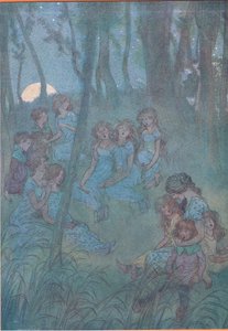 そして、毎晩の草原の妖精たち、歌ってみてください、ウィンザーの陽気な妻たちのイラスト、1910 作： Hugh Thomson