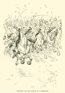 レンガバットで馬から落とされる（彫刻 作： Hugh Thomson