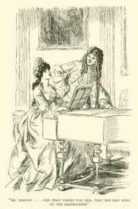 エズモンドは彼女のために詩を書き、彼女はチェンバロで歌った（彫刻）。 作： Hugh Thomson