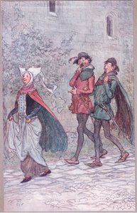 ブリジット夫人がファンのハンドルを失ったとき、ウィンザーの陽気な妻たちのイラスト、1910 作： Hugh Thomson