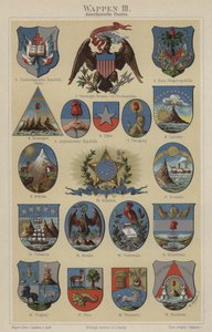 アメリカ大陸の国々の紋章（カラーリトグラフ 作： Hugo Gerard (after) Strohl