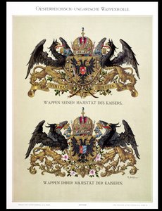 芸術家による1878年の「Heraldischer Atlas」からのフランツジョセフ1世皇帝（1830〜1916年）と皇帝エリザベス（1837〜98年）の紋章のプレート 作： Hugo Gerard Strohl