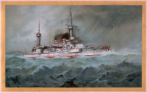 SMS。 Linienschiff Brandenburg (白い盾に赤いワシの紋章、S.M.S. Wörth = 金色の盾に黒い皇帝ワシ) 作： Hugo Graf