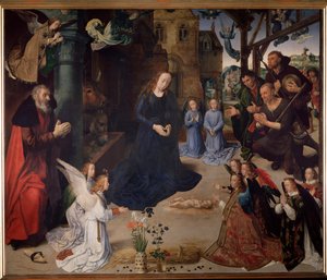 ポルティナーリの祭壇画。羊飼いたちの崇拝」。中央パネル、木に油彩 作： Hugo van der Goes