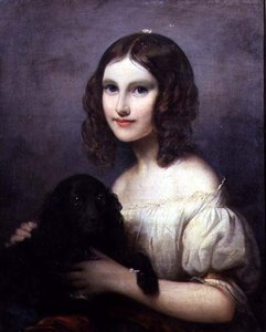 ペットの犬と少女の肖像 作： Hugues Merle