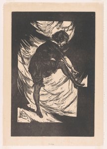 若い女性がブーツのひもを結ぶ 作： Huib Luns