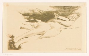 鏡で横になっている裸の女性 作： Huib Luns