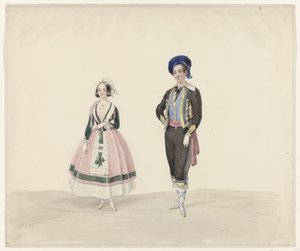 時代衣装を着た男女、1841年 1841年の仮装舞踏会のための歴史的衣装の6枚の水彩画（シリーズタイトル） 作： Huib van Hove Bz