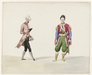 時代衣装を着た 2 人の男性、1841 年 1841年の仮装舞踏会のための歴史的衣装の6枚の水彩画（シリーズタイトル） 作： Huib van Hove Bz