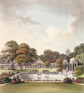 1808年に出版されたジョセフコンスタンティンスタッドラー（fl.1780-1812）によって彫刻されたドーム、ブライトンパビリオンからの眺め 作： Humphry Repton
