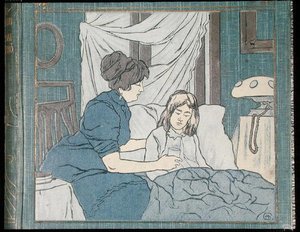 病気の娘を看病する母親（家族の医学書の表紙より）1900年頃（カラーリトグラフ