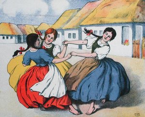 農民の踊り。アルパド・バラッツの歌の楽譜からのイラスト、1910年頃（カラーリトグラフ） 作： Hungarian School