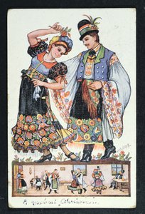 1943年の伝統的な踊りを踊るハンガリーのカップルを描いた絵葉書 作： Hungarian School