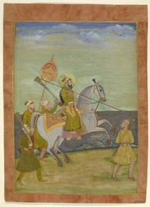 若い男としてのバハードゥル・シャーの騎馬肖像、ムガール、1690年頃（紙に金のガッシュ） 作： Hunhar I (attr. to)