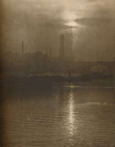 「ウォータールー橋のそばのサリー海岸のロンドンの夕べの霧」、1935 年頃。 作： Huson