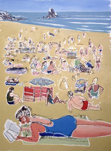 入浴者、ブロードヘブンビーチ、Dyfed、1995年（船上の油彩） 作： Huw S. Parsons