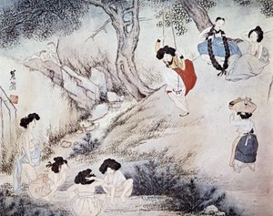 屋外の女性（川で沐浴とブランコ）とそれを見守る 2 人の男性、クリー - ヘウォル作、李王朝 作： Hyewon