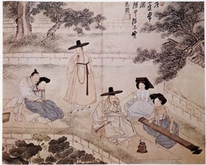 庭の音楽、フューメリー、カップル、韓国 - ヘウォル作、李王朝 作： Hyewon