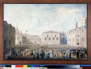 1816 年 8 月 15 日のモスクワ クレムリンでの皇帝アレクサンドル 1 世 (1777-1825) のレセプション (1816 年 8 月 15 日のモスクワ クレムリンでの皇帝アレクサンドル 1 世のレセプション) - I A Lavrov (?) による絵画、キャンバスに油彩 作： I.A. Lavrov