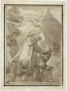 茅葺き小屋によるマントルの中の座った男 作： III Follower of Herman Saftleven