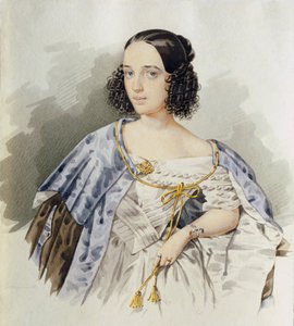 ロシアの女優ヴァルヴァラ アセンコヴァ (1817-1841) の肖像 - I Alexeyev (1800-1850 年) による厚紙の水彩画