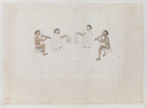 タヒチのミュージシャン。 4 人のタヒチ人、そのうち 2 人は雌馬に身を包み、鼻笛を吹いています。 ティピュタを着てドラムを叩く二人、Joseph Banks