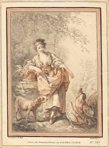 鶏に餌をやる女 作： I Gilles Antoine Demarteau after Jean Baptiste Hüet