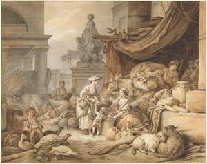 幻想的な彫刻のある市場の様子 作： I Jean Baptiste Hüet