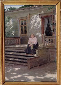 ポーチで（ポーチで）。 家の前の階段に一人で座って、誰かを待っているような女性。 Jakov Jakovlevich Kalinichenko (1869-1938) の絵画、キャンバスに油彩