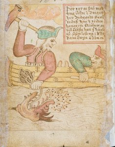 ミッドガルドの蛇を捕まえるトール、「メルステッドのエッダ」より (紙にペンとインクと水彩) 作： Icelandic School