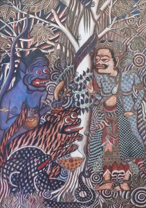 僧侶が猿、蛇、虎を井戸から解放する 作： Ida Bagus Gelgel