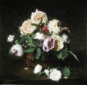 テーブルの上に置かれたバラの花かご 作： Ignace Henri Jean Fantin Latour