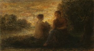 湖のそばに座る二人の女性（キャンバスに油彩） 作： Ignace Henri Jean Fantin Latour