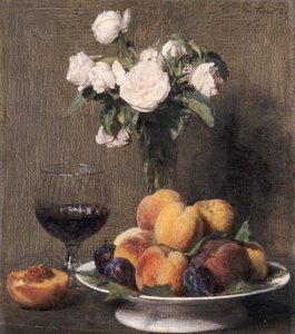 バラ、果物、グラスワインのある静物、1872 作： Ignace Henri Jean Fantin Latour