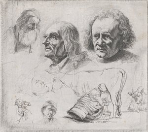 6 つの頭と牛乳を注ぐ女の習作、1816 年。 作： Ignace Joseph de Claussin