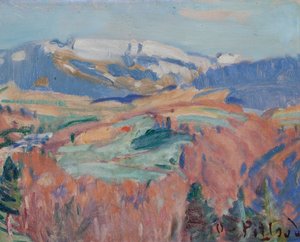 秋のフリブールの田舎（厚紙に油彩） 作： Ignace Nazaire Oswald Pilloud
