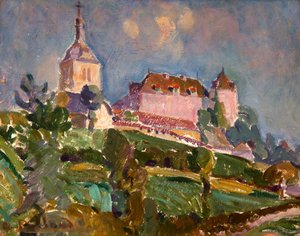 Vista do castelo e da igreja de Gruyères, c.1925-30 (óleo sobre cartão) 作： Ignace Nazaire Oswald Pilloud