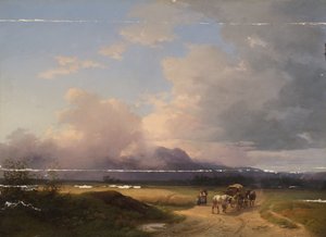 道路上のワゴンと Prealps の風景 作： Ignaz Raffalt