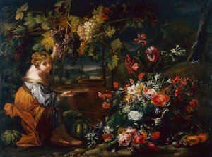 ぶどうを摘む少女（キャンバスに油彩） 作： Il and Brueghel Abraham Borgognone